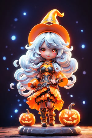  ((1 girl with Halloween costume and wizard hat holding a halloween pumpkin , in the halloween night festival,adorable, happy)), (masterpiece, best quality, ultra-detailed), (detailed background)street, bokeh, (beautiful detailed face), high contrast, ,girl , boxing pose, long silver hair