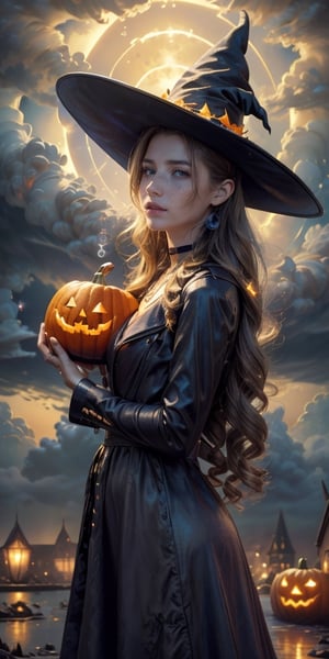 ((masterpiece)), (best quality), (cinematic), Slender, skinny, big Chest, big breasts, witch, witch_hat, girl dressed in a spooky Halloween costume, holding a carved pumpkin, pumpkin goddess, surrounded by pumpkin, wearing a gorgeous black dress with detailed ornaments on her head, close-up, puddles of water, long silver hair, bangs, red eyes, freckles on cheeks, wind, detailed face, detailed body, dark gray sky, glow, clouds, city lights, floating bubbles (cinematic, colorful), (extremely detailed), clouds, highly detailed face,aerith gainsborough,aerith gainsborough \(cosplay\), choker, face, close up.,Detailedface