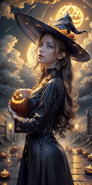 ((masterpiece)), (best quality), (cinematic), Slender, skinny, big Chest, big breasts, witch, witch_hat, girl dressed in a spooky Halloween costume, holding a carved pumpkin, pumpkin goddess, surrounded by pumpkin, wearing a gorgeous black dress with detailed ornaments on her head, close-up, puddles of water, long white hair, bangs, red eyes, wind, detailed face, detailed body, dark gray sky, glow, clouds, city lights, floating bubbles (cinematic, colorful), (extremely detailed), clouds, highly detailed face,aerith gainsborough,aerith gainsborough \(cosplay\), choker, face, close up.,Detailedface
