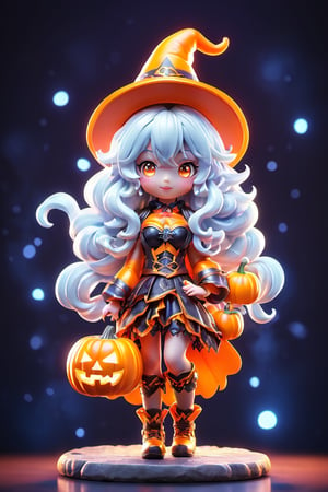 ((1 girl with Halloween costume and wizard hat holding a halloween pumpkin , in the halloween night festival,adorable, happy)), (masterpiece, best quality, ultra-detailed), (detailed background)street, bokeh, (beautiful detailed face), high contrast, ,girl , boxing pose, long silver hair
