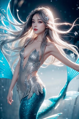 the fur beautiful, body, full body, fluff skin,fantasy, subsurface scattering, perfect anatomy, glow, bloom, Bioluminescent liquid, zen style, Movie Still, cold color, vibrant, volumetric light (masterpiece, top quality, best quality, official art, beautiful and aesthetic:1.2), (1 Mermaid ), extreme detailed, (abstract, fractal art:1.3), colorful hair, highest detailed, detailed eyes, snowing, smoke bubbles, light particles, Mermaid girl, babyface, perfect body, five fingers, perfect hands, anatomically perfect body, sexy posture, (black eyes), (gray hair), very long hair, long white fur sweater dress,white fur bike shorts, dynamic angle, depth of field, hyper detailed, highly detailed, beautiful, small details, ultra detailed, best quality, 4k, vietnamese girl, 