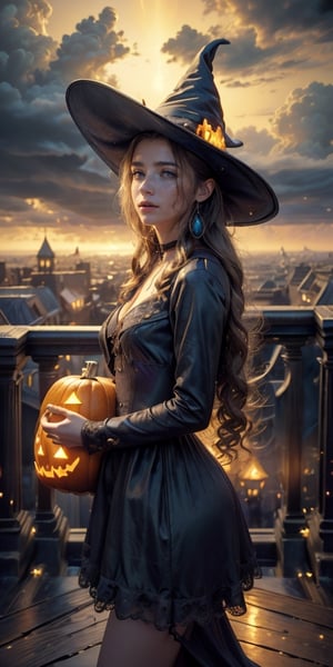 ((masterpiece)), (best quality), (cinematic), Slender, skinny, big Chest, big breasts, witch, witch_hat, girl dressed in a spooky Halloween costume, holding a carved pumpkin, pumpkin goddess, surrounded by pumpkin, wearing a gorgeous black dress with detailed ornaments on her head, close-up, puddles of water, long silver hair, bangs, red eyes, freckles on cheeks, wind, detailed face, detailed body, dark gray sky, glow, clouds, city lights, floating bubbles (cinematic, colorful), (extremely detailed), clouds, highly detailed face,aerith gainsborough,aerith gainsborough \(cosplay\), choker, face, close up.,Detailedface