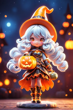  ((1 girl with Halloween costume and wizard hat holding a halloween pumpkin , in the halloween night festival,adorable, happy)), (masterpiece, best quality, ultra-detailed), (detailed background)street, bokeh, (beautiful detailed face), high contrast, ,girl , boxing pose, long silver hair