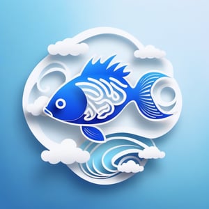 ohaxicxn icon, Chinese Zodiac fish symbol, anchovy fish, apps, blue white gradient background, transparent texture, paper sculpture, winter Festival, auspicious clouds, seaways,