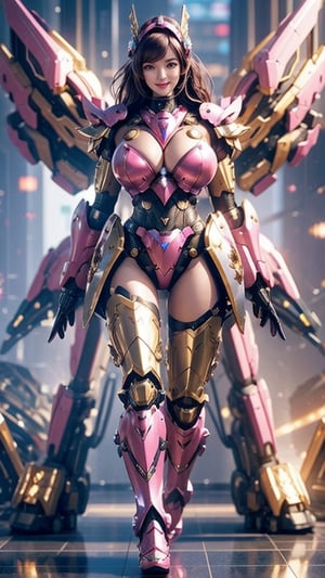 (1girl looking at viewer),(High quality, hyper realistic, 4k) ,symmetry color, symmetrical, very detailed reflection, masterpiece, vivid vibrant color,((full body)),((detailed facial)),gigantic_breasts,mecha,hex_s1,valkyrie style,full armor,glitter,blurry_light_background,realhands,little_cute_girl,naked breasts,ankle,(full armor),high heel boots,foot,bikini,hourglass body shape,ankle,smile,long legs