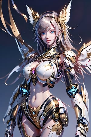 (1girl, looking at viewer), blonde hair, mechanical_wings, dynamic pose, delicate gold filigree, intricate filigree, black metalic parts, golden parts, black armor, detailed part, cyborg, Still,ellafreya,candyseul,gigantic_breasts,LinkGirl,mecha,mecha_girl_figure,Detailedface