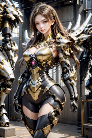 (1girl, looking at viewer), brown long hair, full body,full body , dynamic pose, delicate gold filigree, intricate filigree, black metalic parts, golden parts, intricate armor, detailed part,cyborg, ankle,ellafreya,candyseul,gigantic_breasts,huge_breasts,LinkGirl,p3rfect boobs,cyborg style,long leg,high heel boots,8k,big_breasts,SteelHeartQuiron, knees to chest,calf,character,SteelHeartQuiron character,cleavage,mecha,robot,android