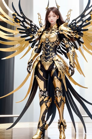 (1girl, looking at viewer), brown long hair, full body,full body ,mechanical_wings, dynamic pose, delicate gold filigree, intricate filigree, black metalic parts, golden parts, intricate armor, detailed part,cyborg, Movie Still,ellafreya,candyseul,gigantic_breasts,LinkGirl,p3rfect boobs,cyborg style,high heel boots,8k