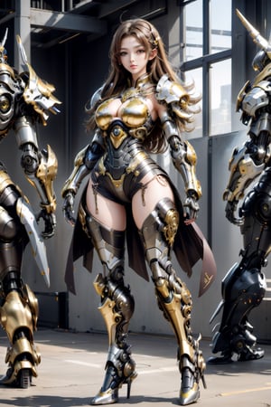 (1girl, looking at viewer), brown long hair, full body,full body , dynamic pose, delicate gold filigree, intricate filigree, black metalic parts, golden parts, intricate armor, detailed part,cyborg, ankle,ellafreya,candyseul,gigantic_breasts,huge_breasts,LinkGirl,p3rfect boobs,cyborg style,long leg,high heel boots,8k,big_breasts,SteelHeartQuiron, knees to chest,calf,character,SteelHeartQuiron character,cleavage,mecha,robot,android