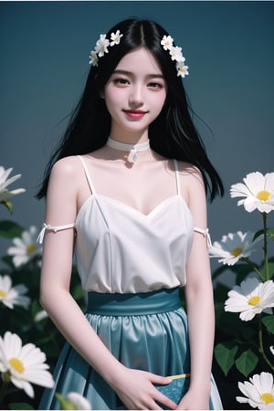 analog photo, a cute girl, 22 years old, black hair, aqua eyes, smile, teeth, pale skin,White soft satin skirt, choker,((using flowers cover left eyes)), vintage, faded film, film grain,  dark background,Illustration,beautiful deatailed shadow,dust,tyndall effect,lots of detail,hyperdetalization,Upper body,<lora:659111690174031528:1.0>