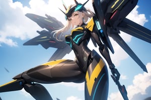cowboy shot, flying in cloud sky, wind blowing back, 
A beautiful girl with off-white long hair, white luminous eyes, 
green luminous earrings, and a black battle suit with black and yellow patterns, ultra-detailed, intricate details, mecha suit with english written in many letters, mecha musume, masterpiece, soft light, professional, highres, best quality, HDR, shot from the side Light, spread legs,
mecha wings with booster to fire up, big robotic arms, mecha headgear,
shiny skin, narrow waist, almost nacked, sexy,
dynamic pose, dynamic angles,