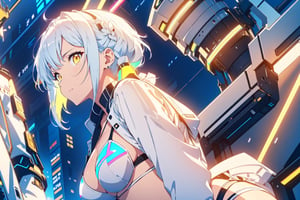High-res, Ultra-HD, Ultra-Sophisticated, Cinematic Poster, (1girl), 
 (various sexy poses),  (((wearing white jacket, and neon mecha bikini)))
 the background are high-tech lighting scenes of future cyber,
Gloves,
Dynamic pose,
masterpiece, best quality, photorealistic,
A beautiful girl, narrow waist, big brest, perfect digital art, glowing shadows,
ultra detailed photo, full detailed photo, depth of field, ultra focus, ultra sharped, ultra detailed, ultra detailed background, Perfect anatomy,

yellow eyes, glowing eyes, nice eyes, perfect eyes, 
black blue hair, wavy hair, 

nice hair, single braid. 
eyeliner and makeup, beautiful face, nice hands. ,Mecha,warfarin_arknights,carnelian_arknights,cbpkv5,1girl,EdgerunnersLucy