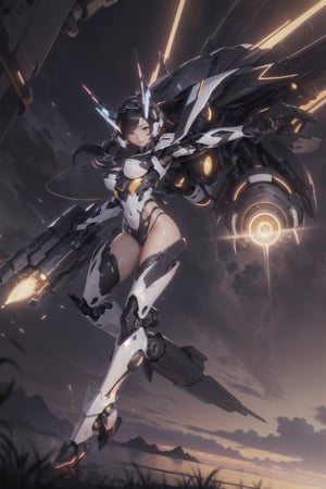 (masterpiece, best quality:1.5), (photorealistic:1.3), semi realistic, official art, ultra-detailed, intricate details, HDR, soft lighting, vibrant, depth of field, 1girl, flying in sky, black color hair, dynamic pose, dynamic angles, shiny skin, mecha musume, REIOVABIKINI, huge robotic arms,  equip rocket boosters, mecha suit ,sexy, bright, happy, fun, soft lighting, cloud, full body, mecha headgear,hydrotech,inblackholetech