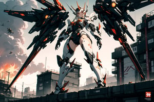 full body shot, flying in cloud sky, wind blowing back, 
A beautiful girl with off-white long hair, red eyes, 
red luminous earrings, and a black battle suit with black and red patterns, ultra-detailed, intricate details, mecha suit with english written in many letters, mecha musume, masterpiece, soft light, professional, highres, best quality, HDR, shot from the side Light, spread legs,
mecha wings with booster to fire up, huge mecha arms, mecha headgear,
shiny skin, narrow waist, almost nacked, sexy, fun,
dynamic pose, dynamic angles,guweiz style,urban techwear,demonictech