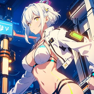 High-res, Ultra-HD, Ultra-Sophisticated, Cinematic Poster, (1girl), 
 (various sexy poses),  (((wearing white jacket, and neon mecha bikini)))
 the background are high-tech lighting scenes of future cyber,
Dynamic pose,
masterpiece, best quality, photorealistic,
A beautiful girl, narrow waist, big brest, perfect digital art, glowing shadows,
ultra detailed photo, full detailed photo, depth of field, ultra focus, ultra sharped, ultra detailed, ultra detailed background, Perfect anatomy,

yellow eyes, glowing eyes, nice eyes, perfect eyes, 
black blue hair, wavy hair, 

nice hair, single braid. 
eyeliner and makeup, beautiful face, nice hands. ,Mecha,warfarin_arknights,carnelian_arknights,cbpkv5,1girl,EdgerunnersLucy