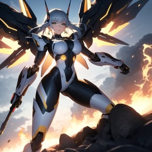 cowboy shot, flying in cloud sky, wind blowing back, 
A beautiful girl with off-white long hair, white luminous eyes, 
green luminous earrings, and a black battle suit with black and yellow patterns, ultra-detailed, intricate details, mecha suit with english written in many letters, mecha musume, masterpiece, soft light, professional, highres, best quality, HDR, shot from the side Light, spread legs,
mecha wings with booster to fire up, big robotic arms, mecha headgear,
shiny skin, narrow waist, almost nacked, sexy,
dynamic pose, dynamic angles,guweiz style