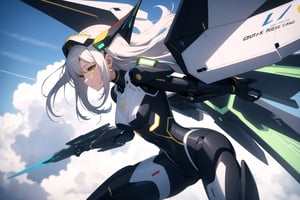 cowboy shot, flying in cloud sky, wind blowing back, 
A beautiful girl with off-white long hair, white luminous eyes, 
green luminous earrings, and a black battle suit with black and yellow patterns, ultra-detailed, intricate details, mecha suit with english written in many letters, mecha musume, masterpiece, soft light, professional, highres, best quality, HDR, shot from the side Light, spread legs,
mecha wings with booster to fire up, big robotic arms, mecha headgear,
shiny skin, narrow waist, almost nacked, sexy,
dynamic pose, dynamic angles,