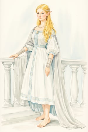  closeup. watercolor by Allan Lee. watercolor. Tolkien illustration. Queen of Gondolin.  beautiful female elf. pointy ears.  long blonde hair. blue eyes. pale white skin. long slender face. intricate white dress. elegant dress. modest dress. historically accurate dress. medieval era. long blonde hair. barefoot. white elven city. standing on the balcony.