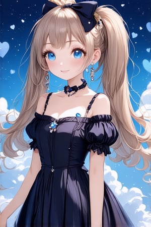 1 girl, solo, long hair, twin tail hairstyle, looking at viewer, blush, bangs, hair accessory, jewels, blue eyes, light brown wavy hair, ribbon, bow, earrings, medium bust, loli, off shoulder, gothic outfit, open lips, blurry, ((masterpiece)), excellent quality, light particles, fluffy clouds, hearts, ((stunning images: 1.3)), ((crystals in the air: 1)), detailed, detailed masterpiece, anime art style. , ek_real_b00ster, ek_ani_b00ster