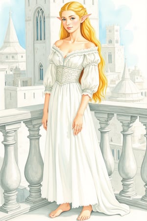  closeup. watercolor by Allan Lee. watercolor. Tolkien illustration. Queen of Gondolin.  beautiful female elf. pointy ears.  long blonde hair. blue eyes. pale white skin. long slender face. intricate white dress. elegant dress. modest dress. historically accurate dress. medieval era. long blonde hair. barefoot. white elven city. standing on the balcony.