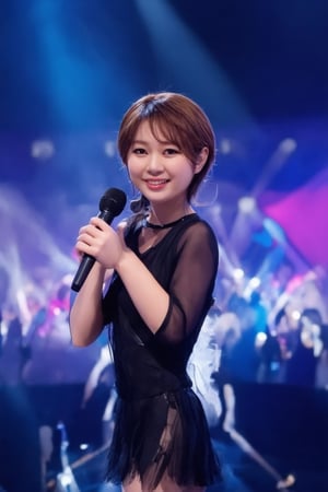 A glamorous K-pop star stands center stage, exuding elegance and charm. The scene is set in a grand concert hall, with spotlights creating a dramatic effect, highlighting her flawless makeup and luxurious attire. She poses with a confident smile, holding a microphone, her posture reflecting poise and sophistication. The background is filled with vibrant, colorful lights, enhancing the atmosphere of a high-energy performance. The composition captures her star power and the electrifying ambiance of a K-pop concert.