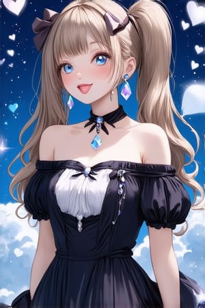 1 girl, solo, long hair, twin tail hairstyle, looking at viewer, blush, bangs, hair accessory, jewels, blue eyes, light brown wavy hair, ribbon, bow, earrings, medium bust,woman, off shoulder, gothic outfit, open lips, blurry, ((masterpiece)), excellent quality, light particles, fluffy clouds, hearts, ((stunning images: 1.3)), ((crystals in the air: 1)), detailed, detailed masterpiece, anime art style. , ek_real_b00ster, ek_ani_b00ster
sexy,naked_shirt