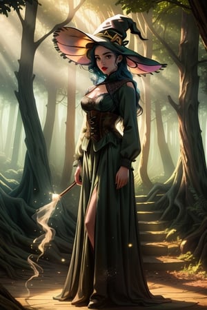 a girl, half-elf, witch hat, long black and blue hair, light brown shining eyes, lingerie, particles, photorealistic, masterpiece, 8k, full detailed, full body, cinematography scene,realistic, higher definition, teen factions, magic particles, particles, hair accessories, decorate clothes, high details, light runic details, Nails, frontal view, dark green dress, corset, village, forest, dreamy, magic scenario, skirt, long skirt,Strong Backlit Particles, beauty lips,