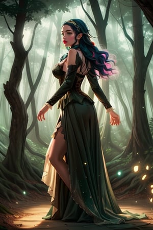 a girl, half-elf, witch, long black and blue hair, light brown shining eyes, lingerie, particles, photorealistic, masterpiece, 8k, full detailed, full body, cinematography scene,realistic, higher definition, teen factions, magic particles, particles, booty, hair accessories, decorate clothes, high details, beauty lips, light runic details, Nails, frontal view, dark green dress, corset, village, forest, dreamy, magic scenario, skirt, long skirt,Strong Backlit Particles