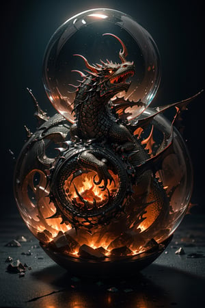 double exposure image by blending together a stormy sea and a crystal ball. The sea should serve as the underlying backdrop, with its details subtly incorporated into the glossy crystal ball where a dragon is entrapped, spewing fire. Sharp focus, double exposure, glossy crystal ball, (translucent glass figure with a captive dragon) (sea inside), vibrant yet ominous, fiery dragon, red colors, decadence, intricate design, hyper-realistic, high definition, extremely detailed, dark softbox image, raytracing, cinematic, HDR, photorealistic (double exposure:1.1)