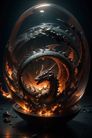 double exposure image by blending together a stormy sea and a crystal ball. The sea should serve as the underlying backdrop, with its details subtly incorporated into the glossy crystal ball where a dragon is entrapped, spewing fire. Sharp focus, double exposure, glossy crystal ball, (translucent glass figure with a captive dragon) (sea inside), vibrant yet ominous, fiery dragon, red colors, decadence, intricate design, hyper-realistic, high definition, extremely detailed, dark softbox image, raytracing, cinematic, HDR, photorealistic (double exposure:1.1)