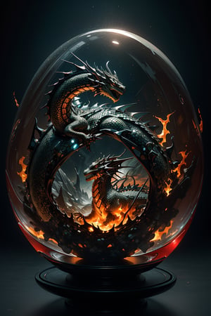 double exposure image by blending together a stormy sea and a crystal ball. The sea should serve as the underlying backdrop, with its details subtly incorporated into the glossy crystal ball where a dragon is entrapped, spewing fire. Sharp focus, double exposure, glossy crystal ball, (translucent glass figure with a captive dragon) (sea inside), vibrant yet ominous, fiery dragon, red colors, decadence, intricate design, hyper-realistic, high definition, extremely detailed, dark softbox image, raytracing, cinematic, HDR, photorealistic (double exposure:1.1)