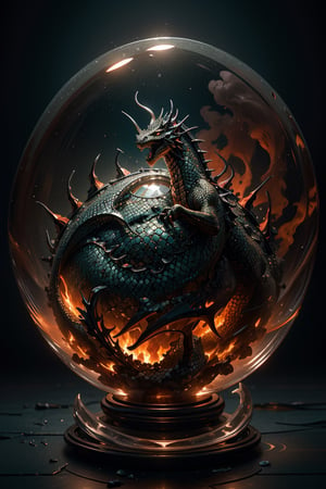 double exposure image by blending together a stormy sea and a crystal ball. The sea should serve as the underlying backdrop, with its details subtly incorporated into the glossy crystal ball where a dragon is entrapped, spewing fire. Sharp focus, double exposure, glossy crystal ball, (translucent glass figure with a captive dragon) (sea inside), vibrant yet ominous, fiery dragon, red colors, decadence, intricate design, hyper-realistic, high definition, extremely detailed, dark softbox image, raytracing, cinematic, HDR, photorealistic (double exposure:1.1)