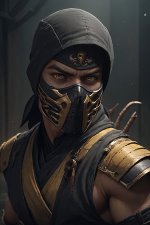 Scorpion (mortal Kombat), Scorpion is most commonly recognized in his ninja attire, which is primarily black with yellow accents. He wears a mask that covers his face, exposing only his glowing white eyes, and often has a stylized, mouthless skull design on it. His outfit includes a tunic, tabard, sash, and forearm guards, in dynamic, atmosphere of darkness and horror, dramatic light, highly detailed, packed with hidden details, in the style of wallpaper portraits, realistic attention to detail, highly detailed, UHD, 8K