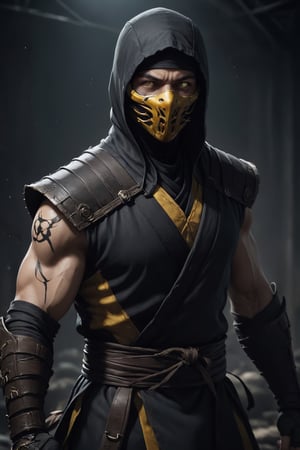 Scorpion (mortal Kombat), Scorpion is most commonly recognized in his ninja attire, which is primarily black with yellow accents. He wears a mask that covers his face, exposing only his glowing white eyes, and often has a stylized, mouthless skull design on it. His outfit includes a tunic, tabard, sash, and forearm guards, in dynamic, atmosphere of darkness and horror, dramatic light, highly detailed, packed with hidden details, in the style of wallpaper portraits, realistic attention to detail, highly detailed, UHD, 8K