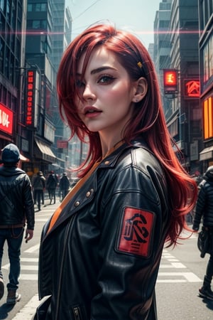 photo portrait of a red haired female cyberpunk in wearing yellow+maroon+blue+orange cyberpunk leather outfit ,in sunny washed out bright cyberpunk city, billboards,shops,crowds. realistic meticulously detailed lighting,textures,reflections, lens flares 