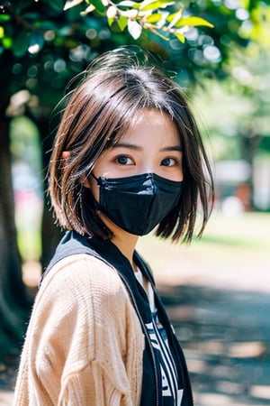 A beautiful female college student with big, wearing black mask, expressive eyes, lively and vibrant, possessing a great temperament and a charming short haircut, A girl in the wild, ((A natural photo of a college girl with an innocent expression taken at an 85mm angle of view.)), summer clothes, casual clothes, 