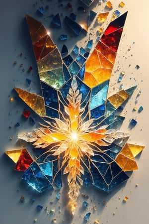 a beautiful logo made of crushed glass fragments, translucent, bright color, points of internal light all over the body, amber style light, complex illustration, Mysterious
