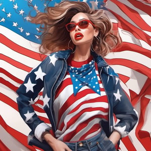 Woman, in the style of playful cartoon illustrations,fashion art, realistic and hyper-detailed renderings, interactive media, patriotic, realistic, detailed rendering, joyful chaos 