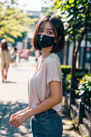 A beautiful female college student with big, wearing black mask, expressive eyes, lively and vibrant, possessing a great temperament and a charming short haircut, A girl in the wild, ((A natural photo of a college girl with an innocent expression taken at an 85mm angle of view.)), summer clothes, casual clothes, 