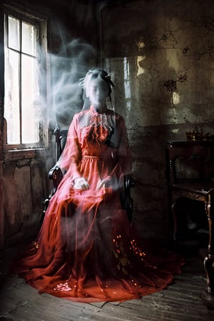 horror (theme), masterpiece,(masterpiece, top quality, best quality, ((no humans)), scenery, red theme, night, chinese woman
,ghost, transparent, chinese indoors, red cheongsam, ((sitting in a chair)), ((Groom and bride)), chinese wedding