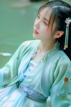  HanFu, The camera passes through the glass, revealing a young girl wearing a white Hanfu with a mournful expression, her meatball head (countless white flowers falling from the sky: 1.5), (countless water droplets lingering in the air: 1.5), flowing water, a bust, turquoise green, a quiet atmosphere, elegance, mixed style, atmosphere, and movie scenes,