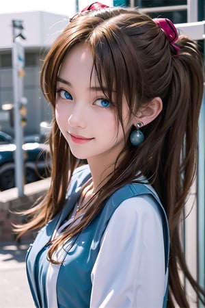 souryuuasukalangley, 1girl, big breast, (brown hair: 1.2), breeze, shy, high_resolution, sunshine, street, looking_at_camera, (light blue eyes: 1.2), (earings: 1.2), necklace, (long_hair: 1.2),  (twin_tails: 1.2), Young beauty spirit , Detailedface,  red hair band, (sexy uniform: 1.2), sexy smile, sexy eyes,Detailedface