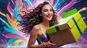 masterpiece, best quality, 1girl, full body, splashing, abstract, psychedelic, neon, (creative:1.3), sy3, SMM, fantasy00d, hands behind back, teen gal gadot, smile, cold, exposure,18_year_old, beautiful_girl, realhands, carrying a big box, curly_hair, brown_hair,L inkGirl, 1 girl,orgasm_face