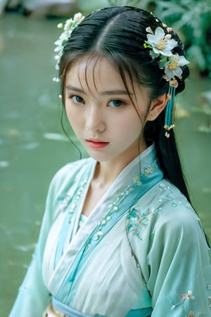 closeup, HanFu, The camera passes through the glass, revealing a young girl wearing a white Hanfu with a mournful expression, her meatball head (countless white flowers falling from the sky: 1.5), (countless water droplets lingering in the air: 1.5), flowing water, a bust, turquoise green, a quiet atmosphere, elegance, mixed style, atmosphere, and movie scenes,