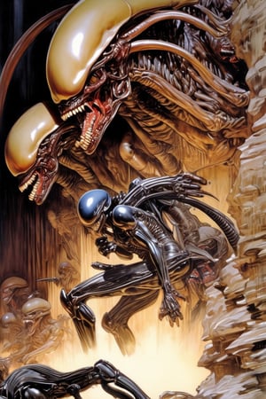 art by Masamune Shirow, art by J.C. Leyendecker, a masterpiece, stunning beauty, hyper-realistic oil painting, a xenomorph, cave like dark chiarascuro lighting, dripping blood and sweat, messed up, battling infantrymen, tearing them apart, a mid shot, 