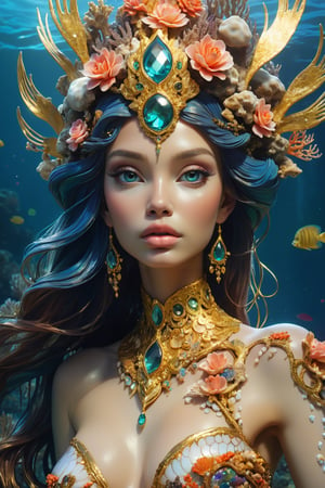 portrait of beautiful underwater mermaid by irakli nadar with intricate detailed ornate headdress made of gold and gems stones, coral reefs, haunting, elite, elegant, melting wax, mycelia, abstract impressionism, ruan jia, dark fantasy, hyper detailed, concept art, by gustav klimt