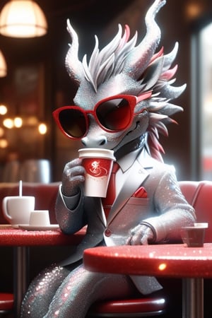 dragon, chibi, 3D,3d background, full body,Drinking coffee in a cafe wearing a suit and sunglasses,cute,photorealism,best quality, 8k,red,
cinematic lighting,photo r3al,glitter