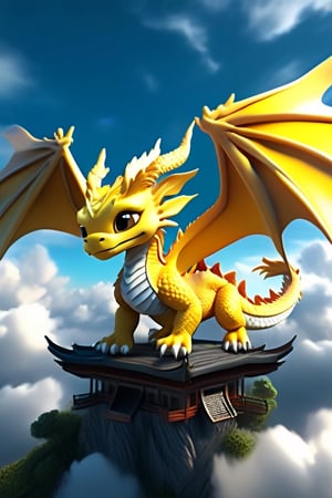 yellow dragon,chibi, 3D,3d background, full body,photorealism, personification,best quality, 8k,cinematic lighting, (Above the blue sky and white clouds ), (spread big wings)
