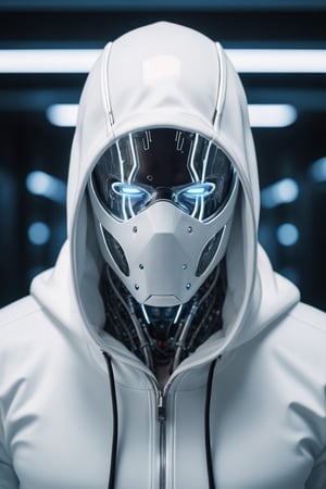 RAW photo, best quality), (realistic, photo-Realistic),the body of a man being simulated in white high-tech hood, in the style of cyberpunk imagery, mechanical designs, algorithmic artistry, 32k uhd, chrome-plated, enigmatic characters,DonMCyb3rN3cr0XL ,cyborg style,sdxl,cyborg