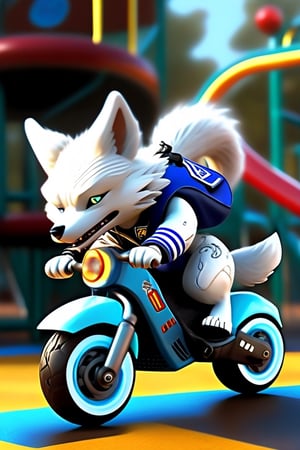 fierce, blue, cyberpunk white Wolf wearing school uniform racing on the playground,
photorealism, personification,chibi, 3D,3d background, full body, best quality, 8k, 
more detail XL,